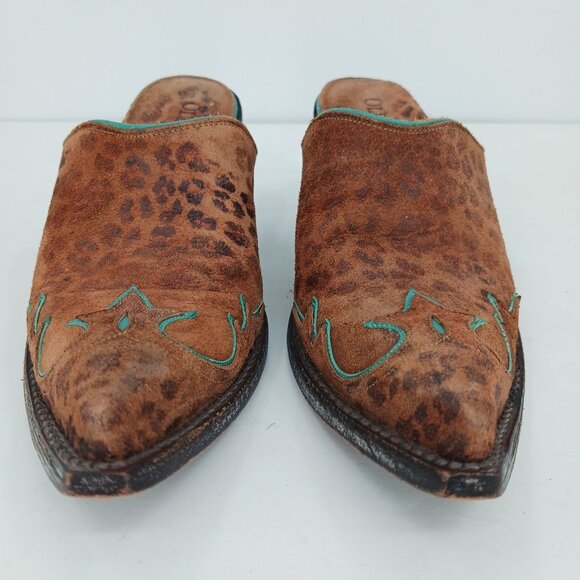 Old Gringo Leopard Print Suede Mules Size 5B Turquoise Trim Western Cowgirl - Picture 7 of 13